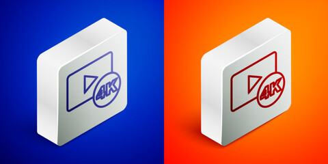 Poster - Isometric line Screen tv with 4k Ultra HD video technology icon isolated on blue and orange background. Silver square button. Vector
