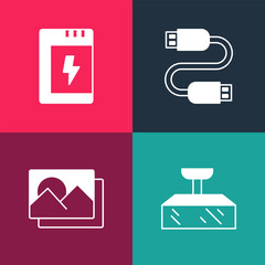 Poster - Set pop art Softbox light, Photo frame, USB cable cord and Battery for camera icon. Vector
