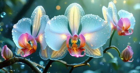 Poster - Vibrant orchids bloom, covered with water droplets. Delicate petals glow, creating beautiful floral display. Soft light enhances colors.