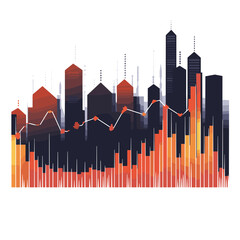 Poster - Abstract Cityscape with Skyline in Orange and Navy Geometric Style Design Featuring Urban Buildings and Financial Data Charts