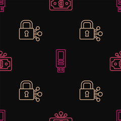 Poster - Set line Bitcoin with circuit, Lock bitcoin and USB flash drive on seamless pattern. Vector