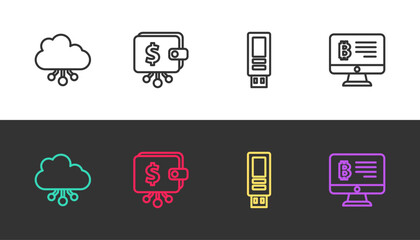 Poster - Set line Cryptocurrency cloud mining, wallet, USB flash drive and Mining bitcoin from monitor on black and white. Vector