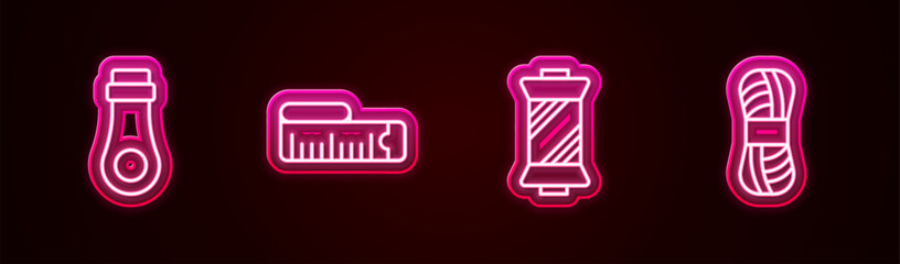 Poster - Set line Zipper, Tape measure, Sewing thread on spool and Yarn. Glowing neon icon. Vector