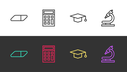 Poster - Set line Eraser or rubber, Calculator, Graduation cap and Microscope on black and white. Vector