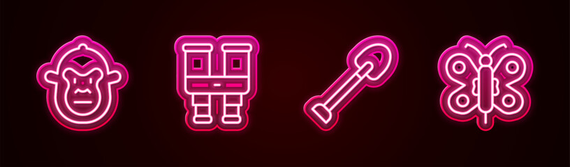 Poster - Set line Monkey, Binoculars, Shovel and Butterfly. Glowing neon icon. Vector