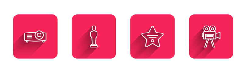 Poster - Set line Movie, film, media projector, trophy, Walk of fame star and Retro cinema camera with long shadow. Red square button. Vector