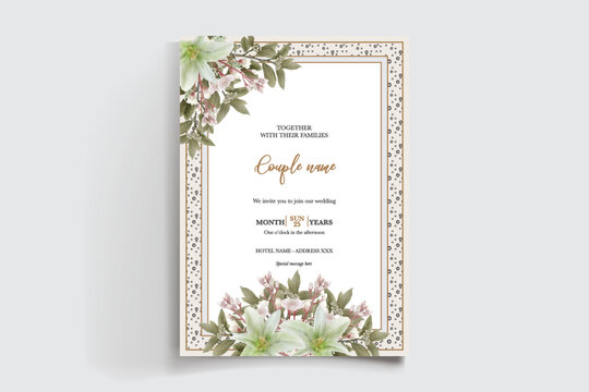 WEDDING INVITATION FRAME WITH FLOWER DECORATIONS AND FRESH LEAVES