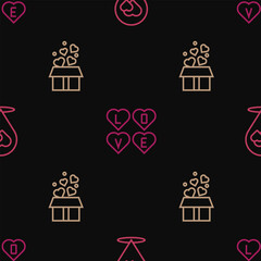 Poster - Set line Location with heart, Gift box hearts and Love text on seamless pattern. Vector