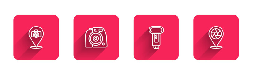 Poster - Set line Photo camera, flash and Camera shutter with long shadow. Red square button. Vector