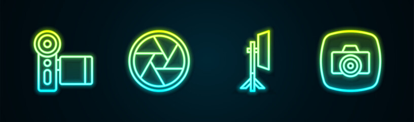 Poster - Set line Cinema camera, Camera shutter, Studio light bulb softbox and Photo. Glowing neon icon. Vector
