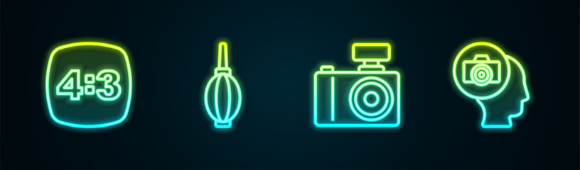 Poster - Set line Photo frame 4, Dust blower, camera and . Glowing neon icon. Vector