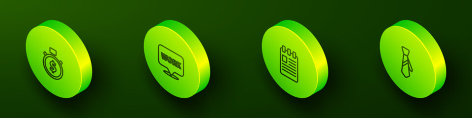 Poster - Set Isometric line Time is money, Location with text work, Spiral notebook and Tie icon. Vector