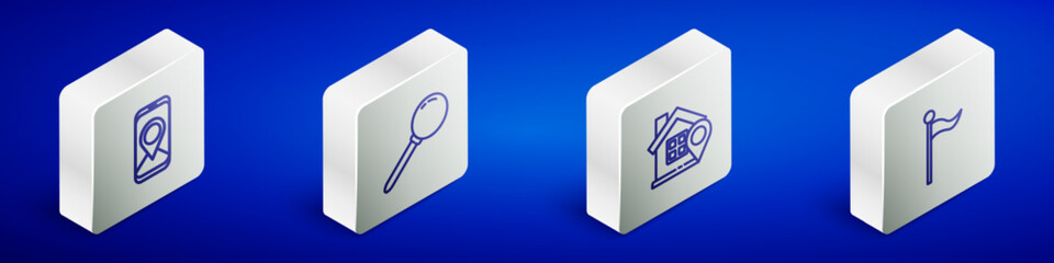 Poster - Set Isometric line City map navigation, Push pin, Location with house and marker icon. Vector