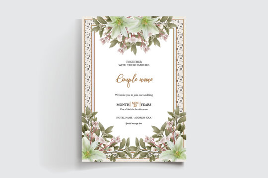 WEDDING INVITATION FRAME WITH FLOWER DECORATIONS AND FRESH LEAVES