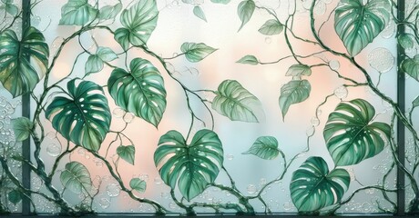 Aufkleber - Lush monstera vines cover window. Raindrops cling, soft light filters through. Peaceful, calming botanical scene.