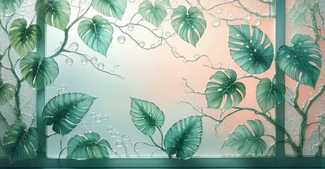 Poster - Frosted glass panel depicts monstera leaves, vines, water droplets. Soft peach tones blend with green foliage. Elegant, calming design.