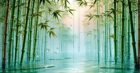 Poster - Lush bamboo forest, water reflections, sunlight filtering through stalks. Serene, peaceful scene evokes tranquility, natures beauty.