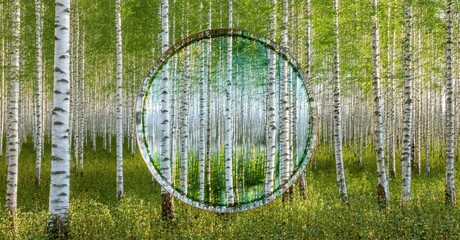 Aufkleber - Birch forest scene. Circular mirror reflects trees, creating symmetrical illusion. Lush greenery, bright daylight, peaceful atmosphere.