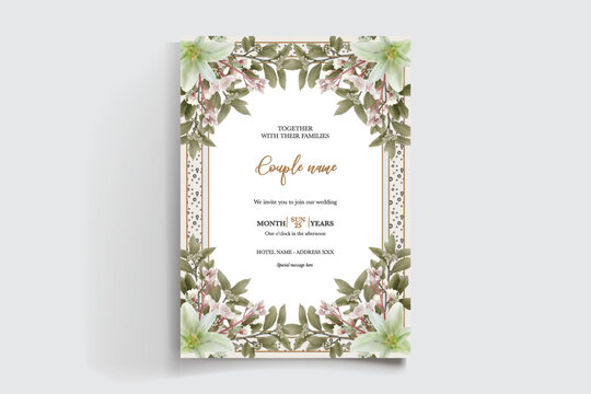 WEDDING INVITATION FRAME WITH FLOWER DECORATIONS AND FRESH LEAVES