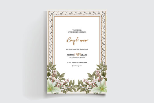 WEDDING INVITATION FRAME WITH FLOWER DECORATIONS AND FRESH LEAVES