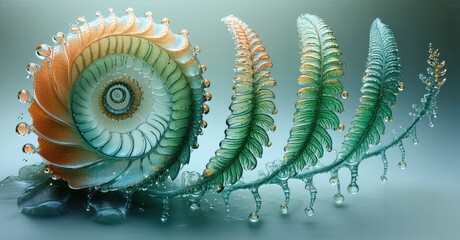 Aufkleber - Intricate spiral shell, vibrant colors, delicate fern fronds. Water droplets enhance texture, creating surreal beauty.