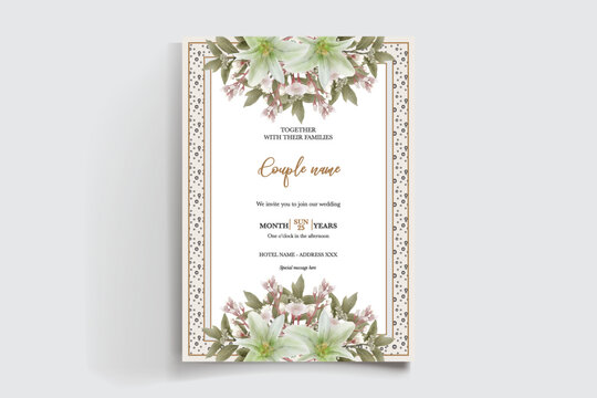 WEDDING INVITATION FRAME WITH FLOWER DECORATIONS AND FRESH LEAVES