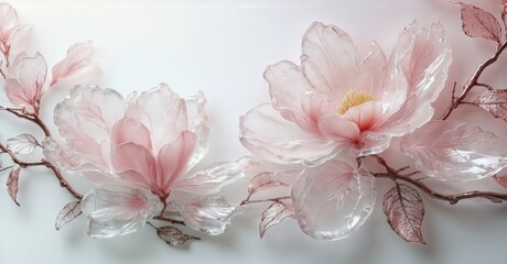 Aufkleber - Delicate pink magnolia blossoms branch softly against pale background. Floral arrangement exudes serenity, beauty, gentle elegance.