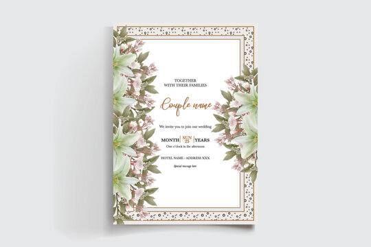 WEDDING INVITATION FRAME WITH FLOWER DECORATIONS AND FRESH LEAVES