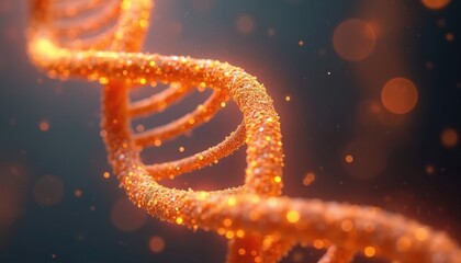Poster - Digital render orange DNA double helix glowing, emitting light on gray background. Concept of genetic engineering, biotechnology. For science medicine, biology themes. Futuristic illustration of