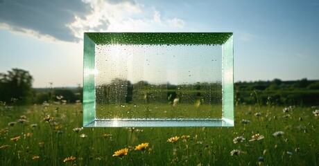 Aufkleber - Glass cube amid wildflowers. Raindrops cover surface, framing distant landscape. Soft light, serene mood. Natures beauty captured.