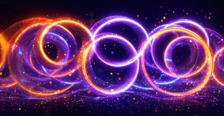 Aufkleber - Vibrant rings intertwine, glowing orange, purple hues. Particles sparkle against dark background. Abstract energy flows, dynamic composition.