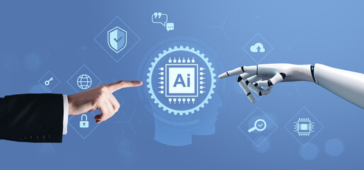 Fototapete - Human and robot hands reaching toward AI chip symbol on digital interface representing future of automating business processes through advanced technology.