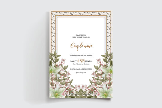 WEDDING INVITATION FRAME WITH FLOWER DECORATIONS AND FRESH LEAVES