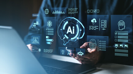 Fototapete - AI technology interface for automating digital business processes and future innovation with holographic displays over laptop and smartphone in hand.