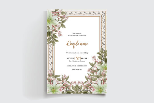 WEDDING INVITATION FRAME WITH FLOWER DECORATIONS AND FRESH LEAVES