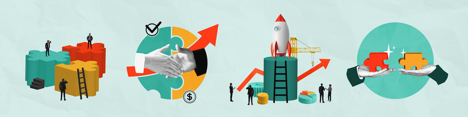 Poster - Business teamwork, growth, and collaboration concept with puzzle