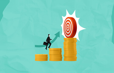 Poster - Businessman climbing coin stacks aiming at target symbolizing st