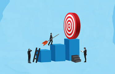 Poster - Business people aiming for target goal with growth steps and suc