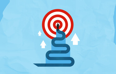 Poster - Businessman reaching red target symbol via winding path on blue