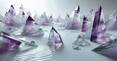 Poster - Crystals dominate landscape. Purple hues blend with clear forms, creating surreal, reflective scene. Light plays across sharp edges.