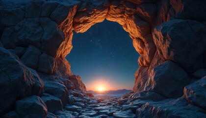Poster - Cave entrance reveals night sky with stars and sun. Scenic view through stone archway. Astronomy concept, fantasy design, digital art, graphic element, wallpaper. Celestial bodies on black background.