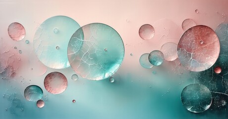 Poster - Abstract bubbles, teal, pink hues. Delicate cracks visible within spheres, creating interesting textures. Soft lighting, fluid forms.