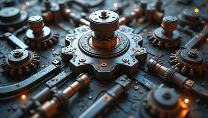 Aufkleber - Close-up detailed art illustration of metal surface with pipes, machinery. Mechanical industrial steampunk tech design background. Weathered, worn, aged, grunge elements. Engineering construction