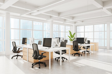 Fototapete - Modern open space office interior with ergonomic chairs, wooden desks, large windows, bright daylight, and minimalist design concept. 3D Rendering