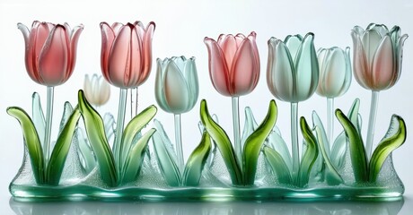 Poster - Glass tulips display vibrant colors. Delicate petals curve gracefully above green leaves. Artistic composition, beautiful detail.