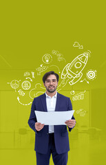Poster - businessman holding papers with startup rocket and success sketc
