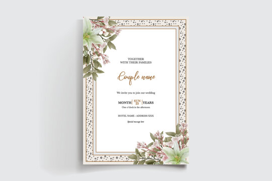 WEDDING INVITATION FRAME WITH FLOWER DECORATIONS AND FRESH LEAVES