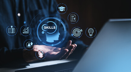 Poster - human hand holding digital skill icons with educational and business symbols.