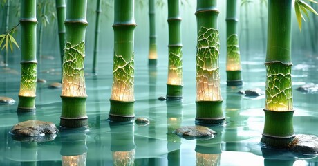 Poster - Lush bamboo forest stands in shallow water. Light glows from base, creating serene, mystical scene. Reflections shimmer, adding depth.