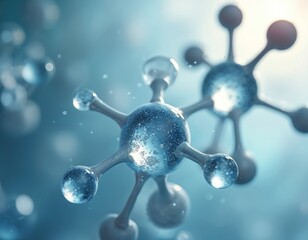 Poster - Illustration of abstract molecular structure atom model in blue. Science tech, healthcare, medicine, chemistry, biology concept. Chemical formula with atoms, DNA, research, innovation. Pharmaceutical